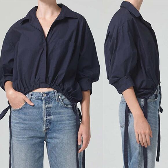 NEW Citizen of Humanity Alexandra Cotton Collared Poplin Crop Top Navy Size: M - Picture 1 of 8